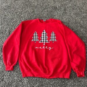 Red “Merry” Crewneck with Buffalo Check Trees